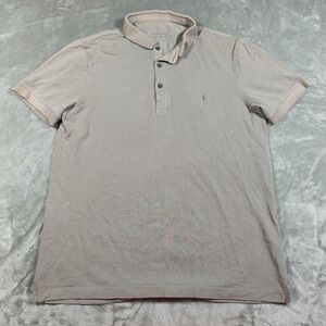 AllSaints Polo Shirt Mens Medium Gray Ramskull Embroidered Cotton Pique
